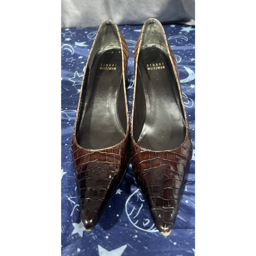 Stuart Weitzman Pumps Heels 7.5N Leather Crocodile Brown Ombre Pointy Toe Work - Picture 2 of 12